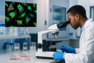 Scientist at a bench microscope with an inset of fluorescently labeled cells, highlighting functional cell-based assays used to evaluate potency, receptor activity, and safety in vitro.