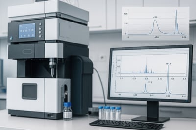 Triple quadrupole LC-MS system next to a monitor displaying chromatograms and mass spectra, indicating quantitative and structural analysis for biologics, ADC payloads, peptides, and biomarkers.
