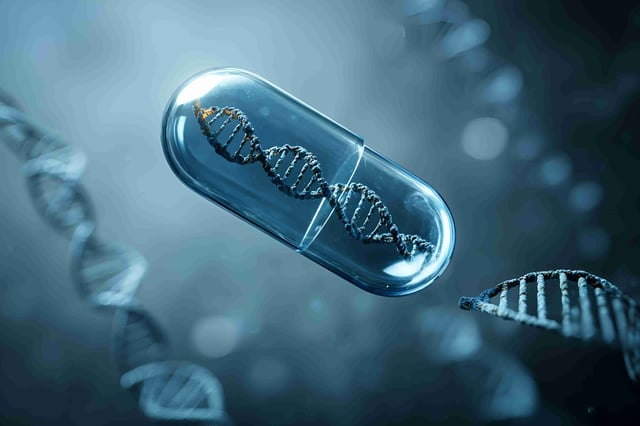 Concept image of a transparent capsule containing a DNA double helix, representing gene and cell therapy programs and nucleic acid modalities.