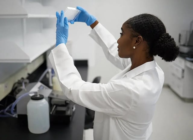 A scientist in a lab coat and blue gloves holding a microplate up to the light, visually inspecting samples during customized assay processing in a laboratory.