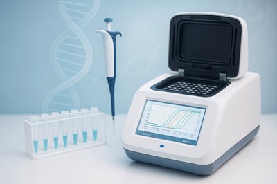 qPCR thermal cycler with amplification curves on screen, DNA helix graphic in the background, and PCR tubes on a rack, representing molecular methods for gene and cell therapy programs at Crystal Bio Solutions.