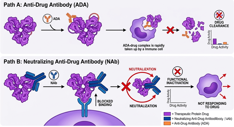 Anti-drug antibodies (ADA) and neutralizing Anti-drug antibodies (Nab) induce drug clearance or functional inactivation