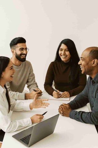 happy professionals discussing around a table at crystal bio solutions